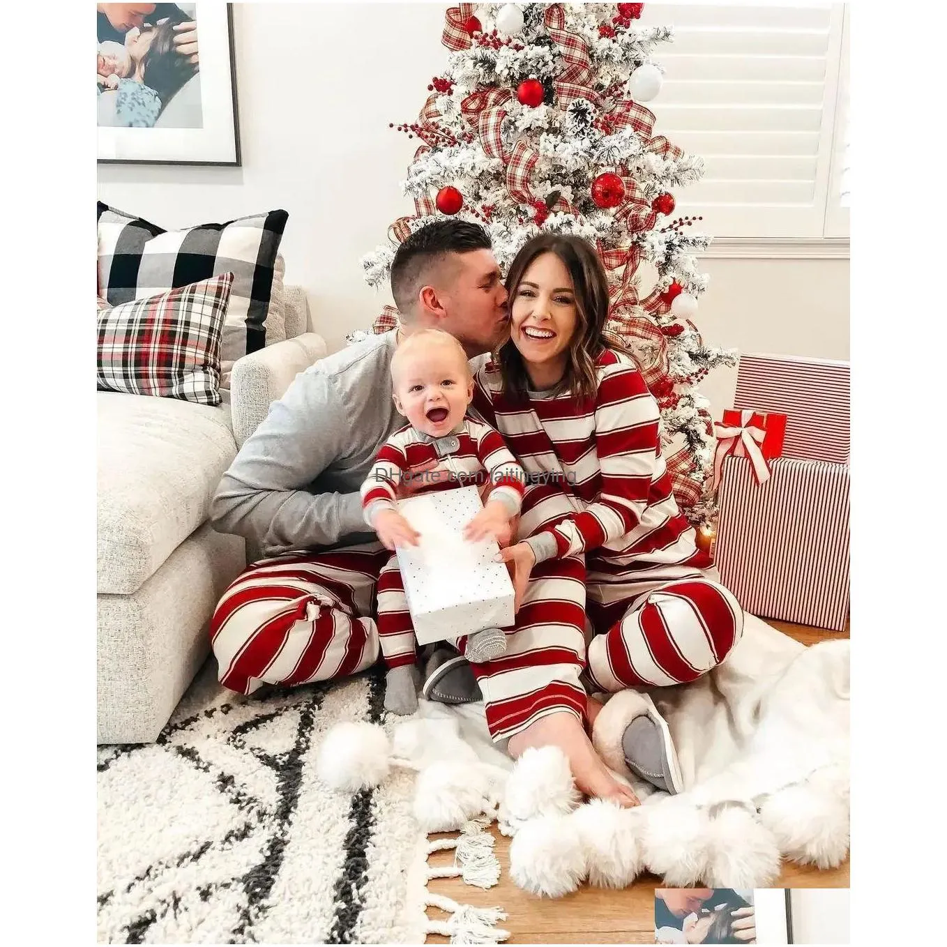 family matching outfits winter christmas pajamas set striped print mom daughter dad son baby clothes soft loose sleepwear xmas look