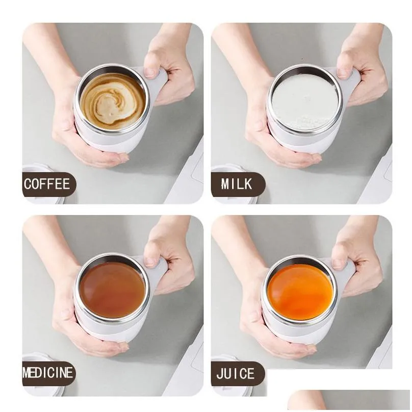 mugs 380ml automatic magnetic coffee self stirring milk fruits mixing cup electric stainless steel lazy rotating 230215