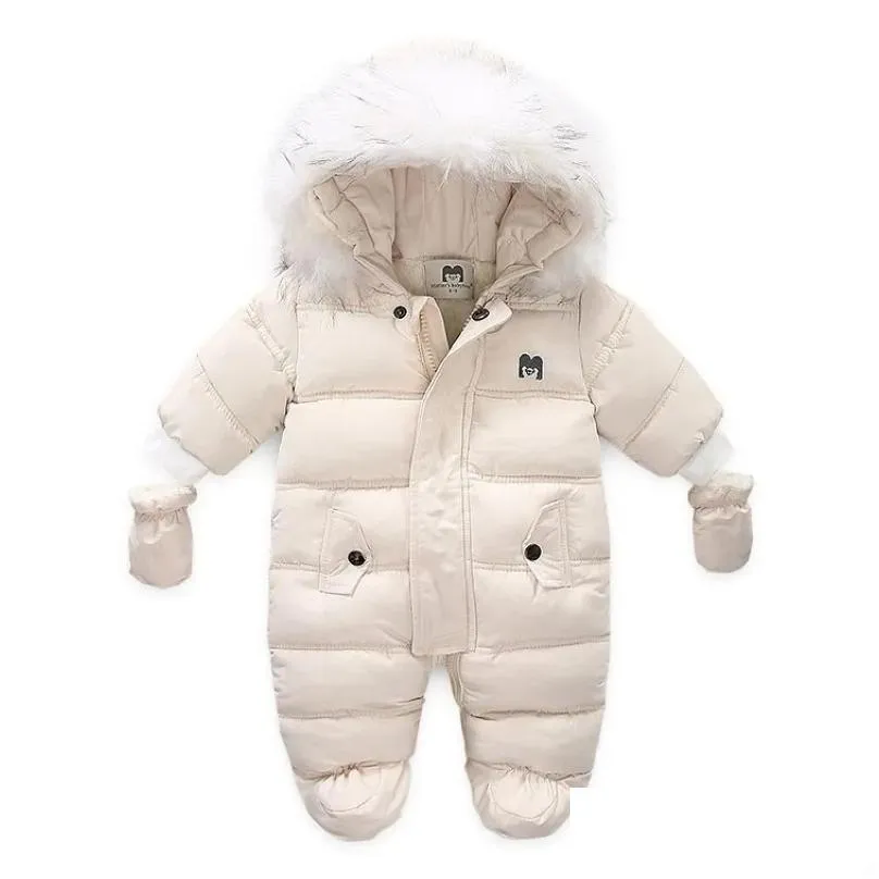 Rompers -30 Degree Russian Winter Baby Snowsuit Thicken Hooded Cotton Boys Rompers Born Girls Jumpsuit Toddler Snow Suit 211011 Drop D Dhg9N