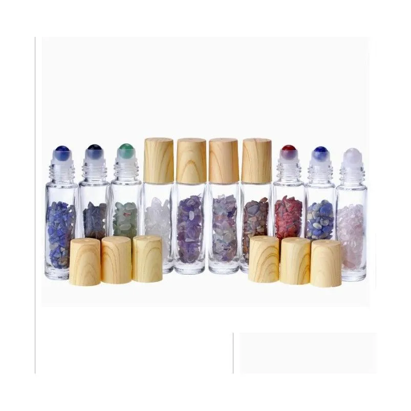 wholesale essential oil diffuser 10ml clear glass roll on perfume bottles with crushed natural crystal quartz stone crystal roller ball wood grain