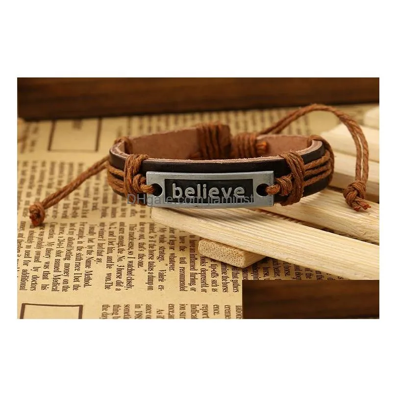 Beaded Latest Version Punk Style 100% Genuine Leather Bracelet Handmade Alloy Men Woman Believe Rope Adjustable 20Pcs/Lot Drop Delive Dhnhq