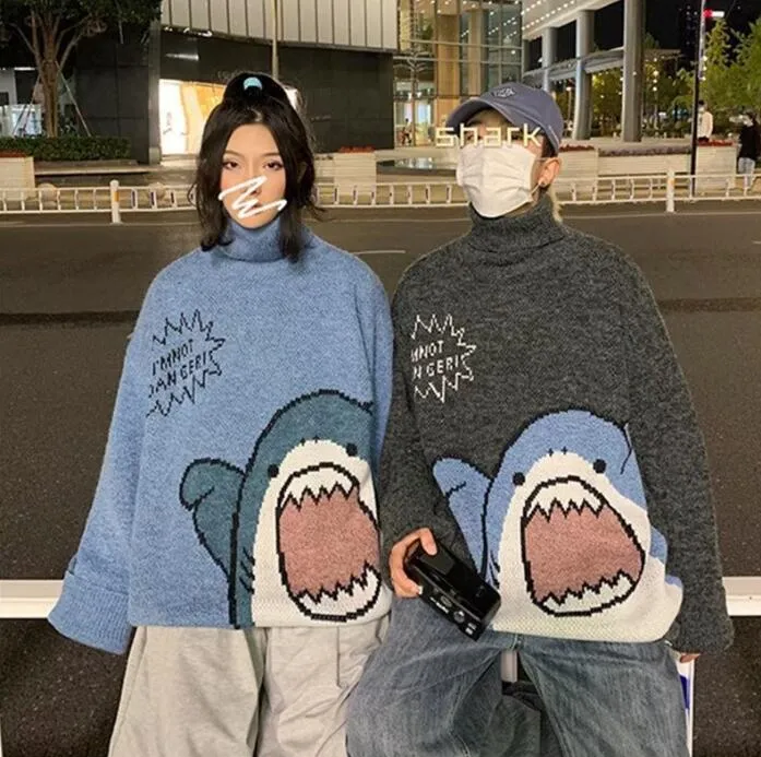 zazomde men turtlenecks shark sweater men 2023 winterwor harajuku korean style high neck oversized grey turtleneck for men