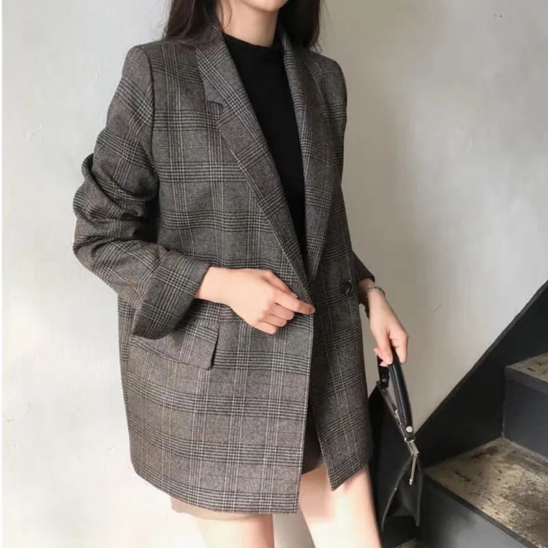 plaid suit jacket women loose 2023 spring and autumn students retro small suit top
