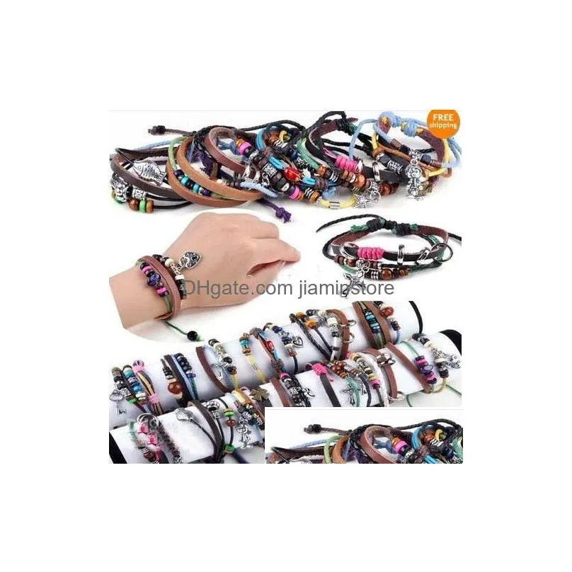 Beaded Mix Order Mti Styles 50Pcsx Men Women Braid Leather Cord Bead Cross Heart Bracelet Wristband Surfer Drop Delivery Jewelry Brac Dheao