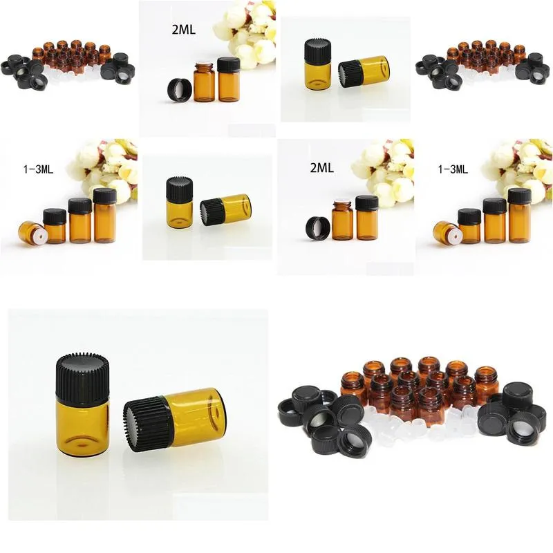 wholesale 2ml 1/4 dram amber glass essential oil bottle perfume sample tubes bottle with plug and caps 5/8 dram