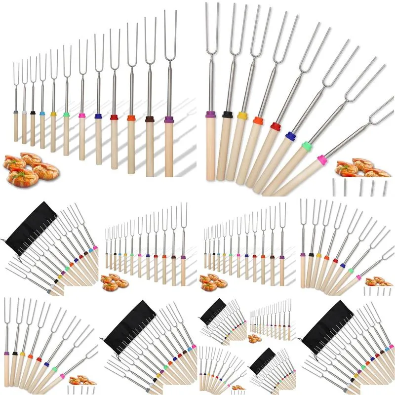 stainless steel bbq tools telescoping marshmallow dog roasting sticksskewersextending roaster with wooden handle 12colors