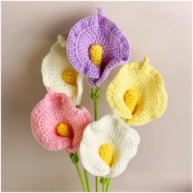 decorative flowers hand crochet woven calla lily flower artificial knitted floral bouquet finished valentine`s day gift wedding home