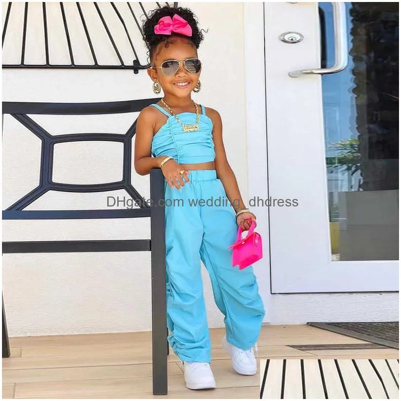 kids clothes baby girls tracksuits summer two piece set pleated solid color halter vest casual loose wide leg trousers 2pcs suit