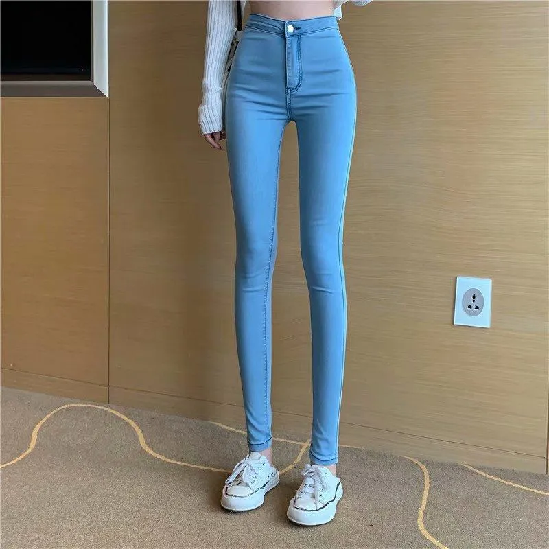 high-waisted skinny jeans women slim feet stretch light blue straight tube peach butt pencil pants