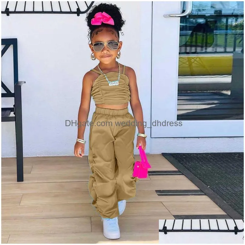 kids clothes baby girls tracksuits summer two piece set pleated solid color halter vest casual loose wide leg trousers 2pcs suit