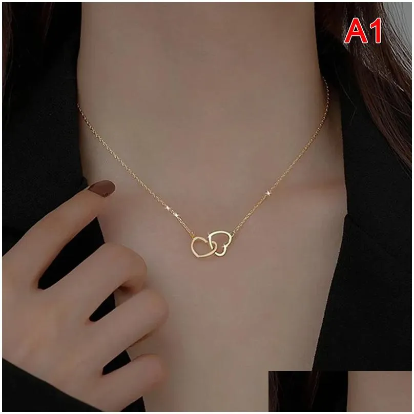 Pendant Necklaces Interlocked Double Heart Necklace Stainless Steel Hollow Clavicle Women Sisters Jewelry Gold Sier Drop Delivery Dhmgz