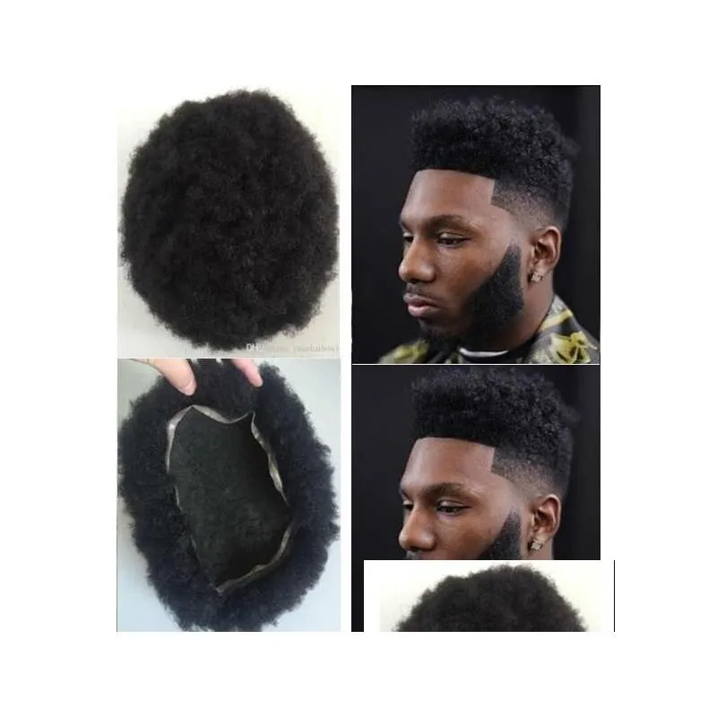 full lace toupee brazilian virgin remy human hair replacement  black 1 4mm afro curl mens hairpieces for black men