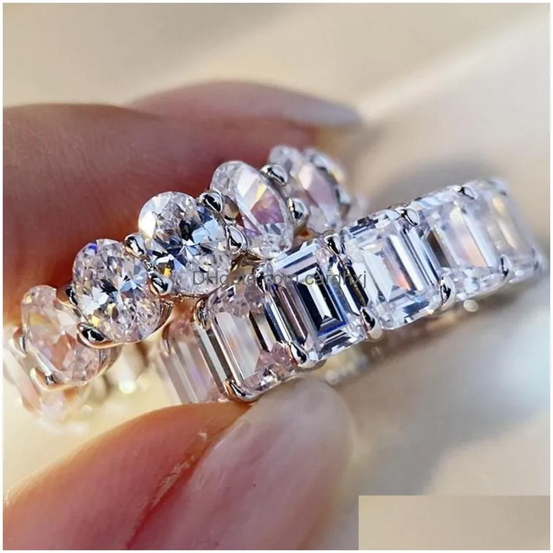 Wedding Rings Fashion Personality Emerald Cut Moissanite Row Ring Trendy Bands Women Geometric Drop Delivery Dh1Lq