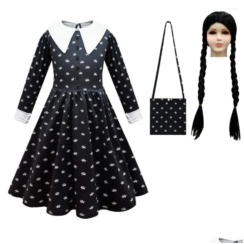 Girl`S Dresses Girl Dresses Girls Wednesday Addams Family Cosplay Costume Vintage Gothic Outfits Halloween Clothing Kids Morticia Prin Dhdfj