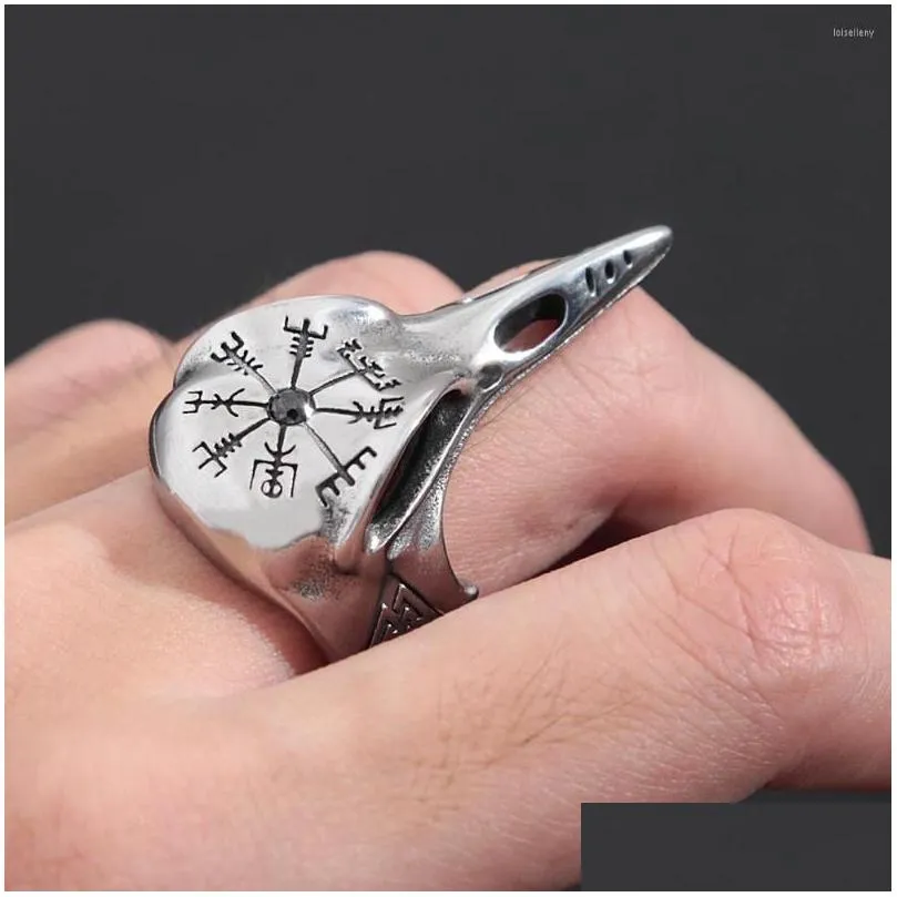 Cluster Rings Vintage Compass Crow Skl Men Women Stainless Steel Odin Raven Ring Pagan Nordic Accessories Jewelry Drop Delivery Dhtun