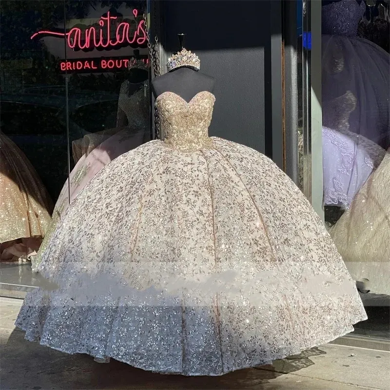 Sparkly Rose Gold Princess Quinceanera Dresses With Bow Ball Gown Glitter Appliques Crystals Beads Sweet 15th Dress Prom Lace-Up