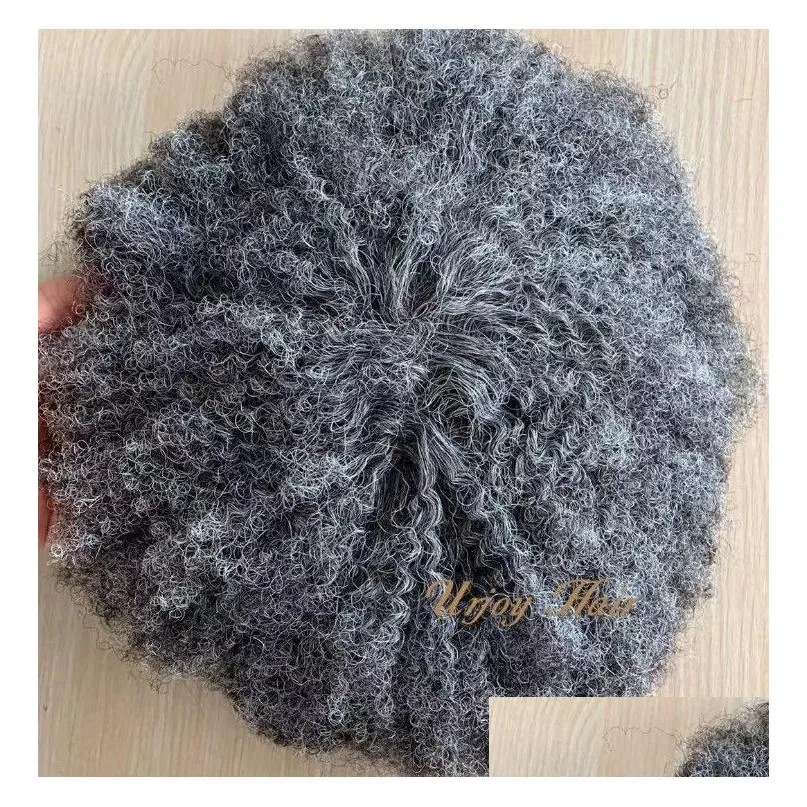 6mm afro wave 1b grey full pu toupee mens wig indian virgin human hair replacement for black men express delivery