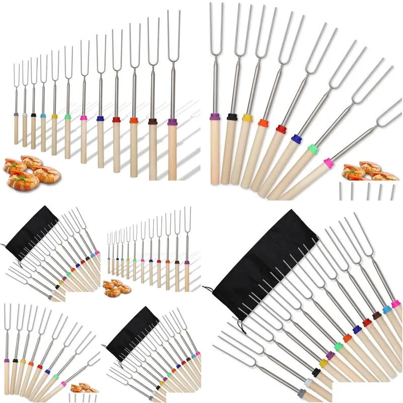 stainless steel bbq tools telescoping marshmallow dog roasting sticksskewersextending roaster with wooden handle 12colors