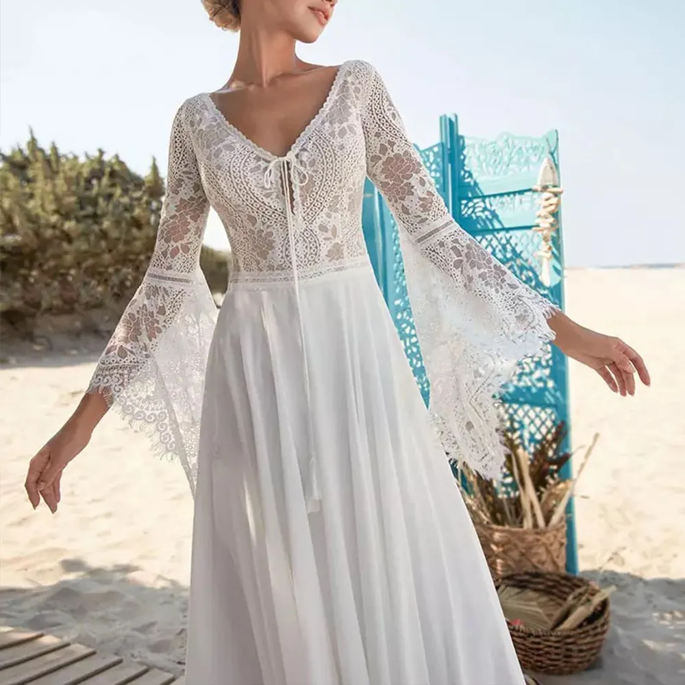 Fabulous Lace Flare Full Sleeves Wedding Dresses For Women Boho Beach Country V Neck A Line Chiffon Bridal Gowns Sweep Train Plus Size Backless Robes de Mariee CL3240