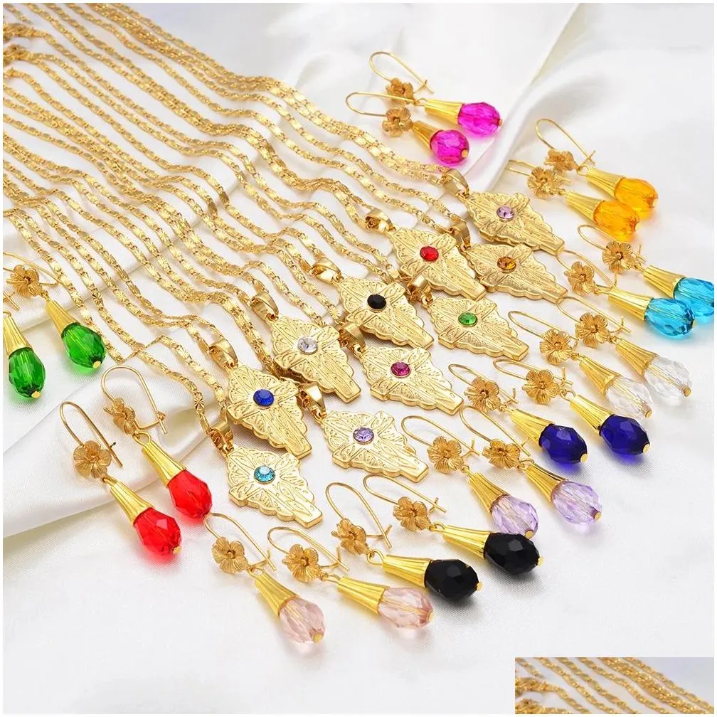 Other Jewelry Sets Hawaiian Bead Ball Jewelry Sets 14K Yellow Gold Cross Pendant Necklaces Colored Crystal Earrings Guam Micronesia C Dh5Ic