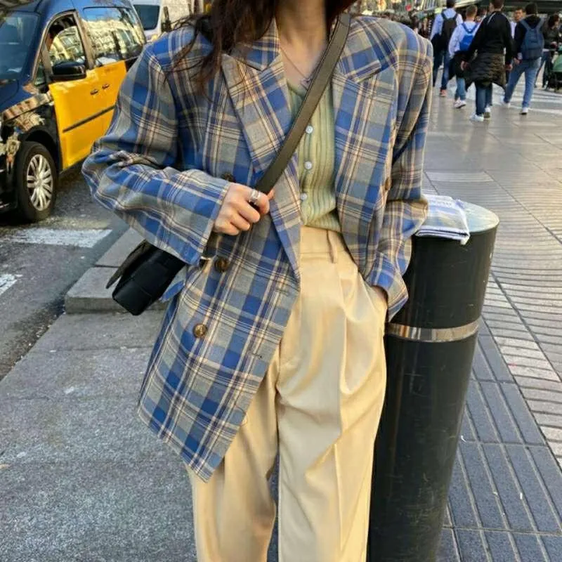 2021 spring and autumn casual loose double-breasted womens suit tide plaid small suit jacket woman