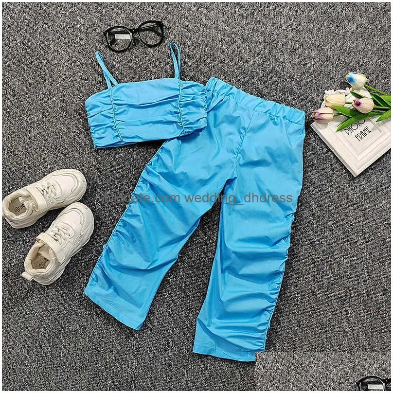 kids clothes baby girls tracksuits summer two piece set pleated solid color halter vest casual loose wide leg trousers 2pcs suit