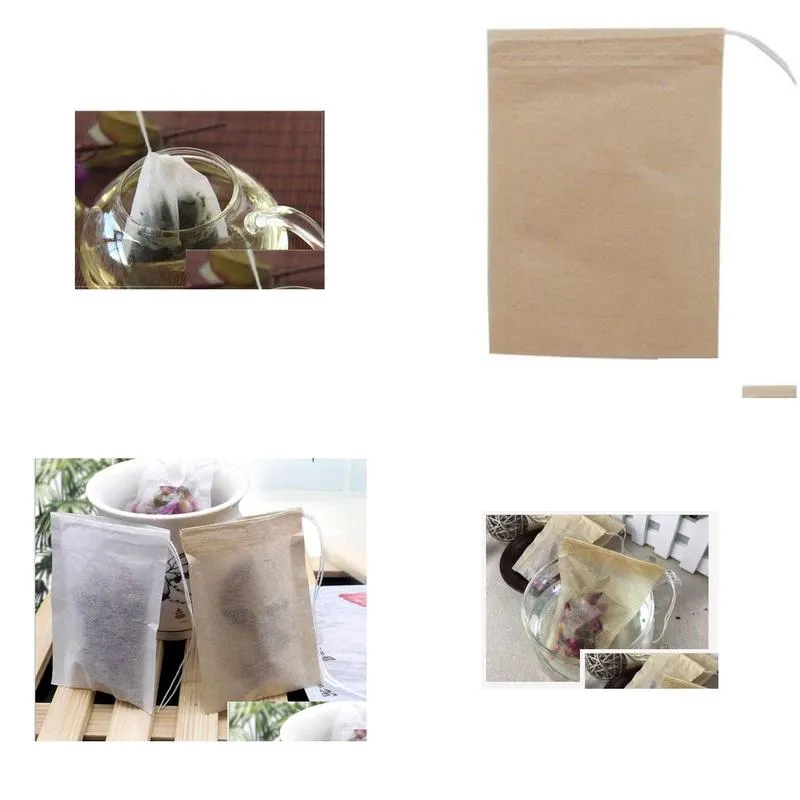 6x8cm unbleached tea filters wood pulp tea bags tools paper drawstring brown white color bag