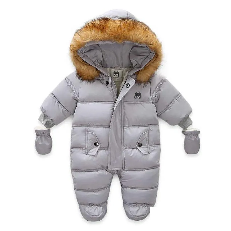 Rompers -30 Degree Russian Winter Baby Snowsuit Thicken Hooded Cotton Boys Rompers Born Girls Jumpsuit Toddler Snow Suit 211011 Drop D Dhg9N