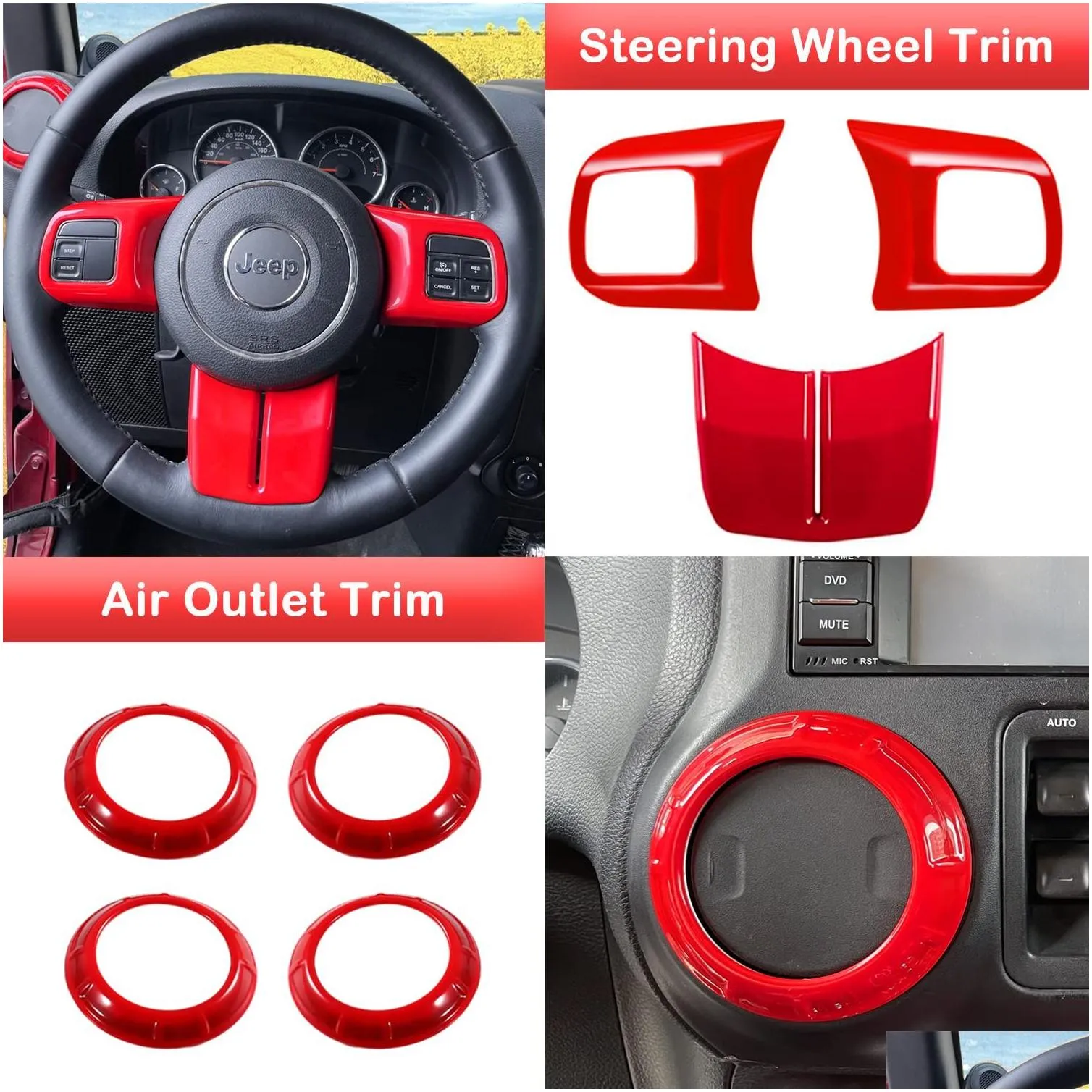 steering wheel&center console trim, gear shift knobs frame & air outlet cover fit for jeep wrangler jk jku 2011-2018 2&4-door