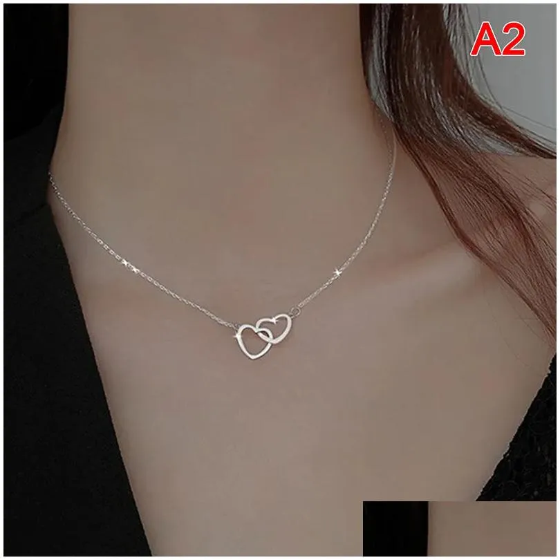 Pendant Necklaces Interlocked Double Heart Necklace Stainless Steel Hollow Clavicle Women Sisters Jewelry Gold Sier Drop Delivery Dhmgz