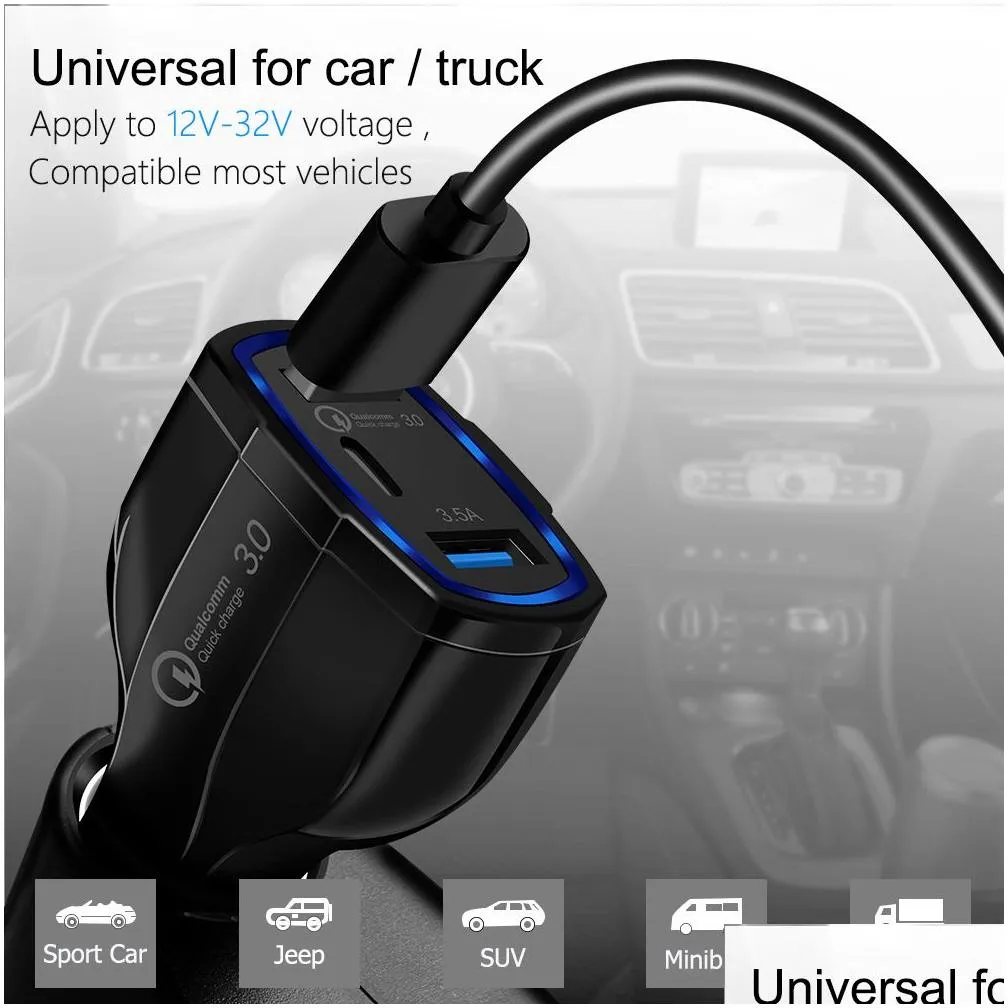 car  adapter qc 3.0 fast 3 port 7a/35w cigarette lighter usb type-c chargers quick charge dual-port with led light