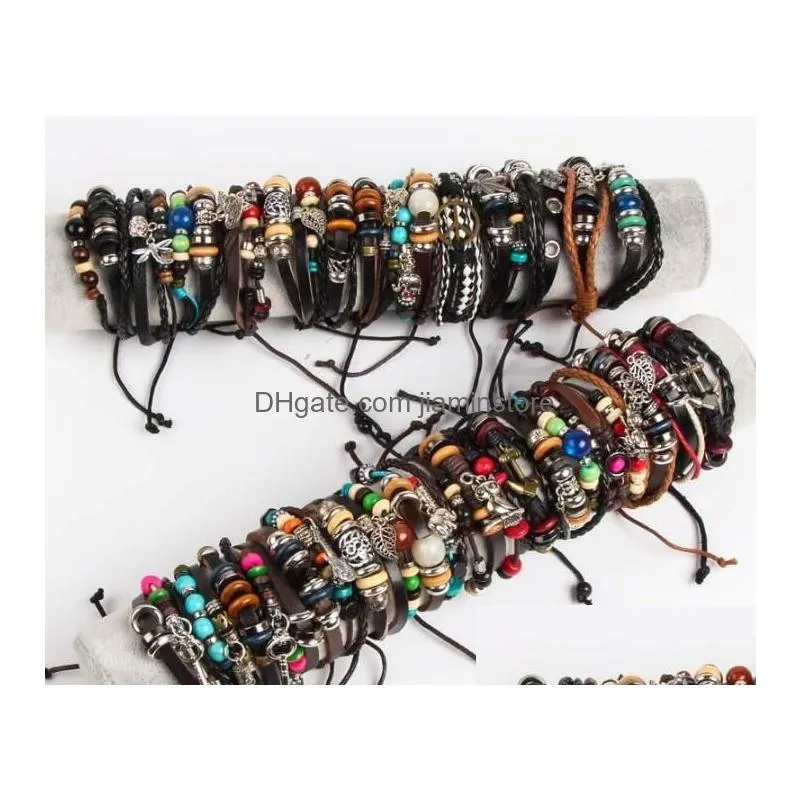 Charm Bracelets New Bk Mix Styles Beads Pendant Leather Bracelet Metal Cuff Skl Punk Rock Sport Bracelets Mens Womens Jewelry Drop De Dh8Ph
