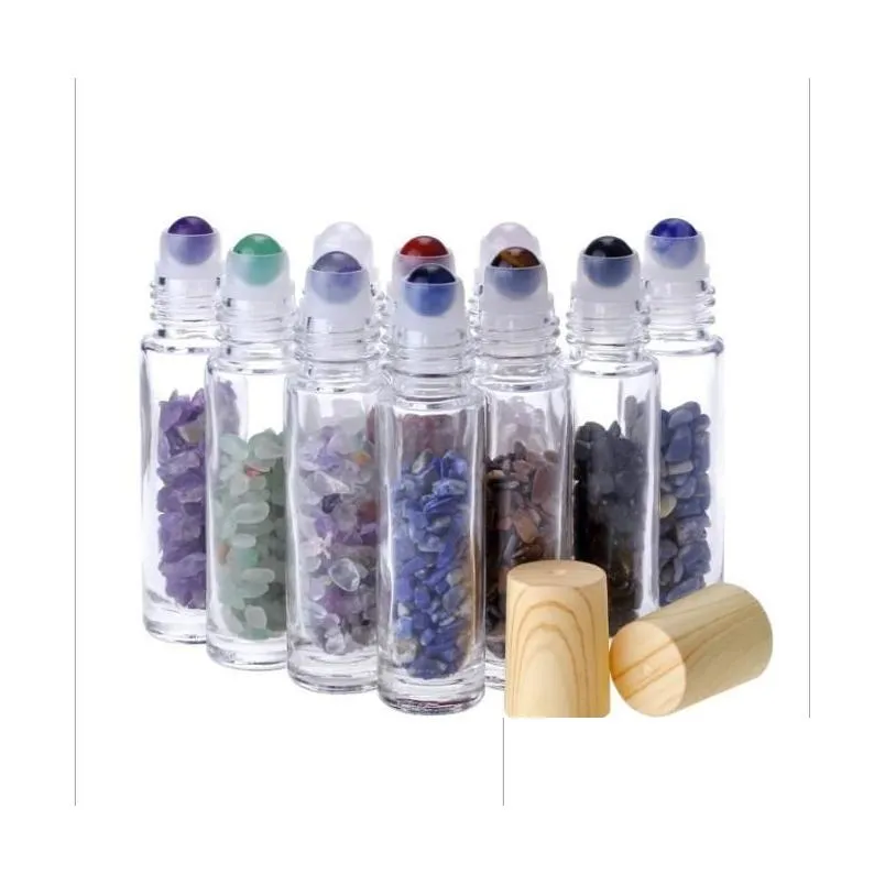 wholesale  oil diffuser 10ml clear glass roll on perfume bottles with crushed natural crystal quartz stone crystal roller ball wood grain