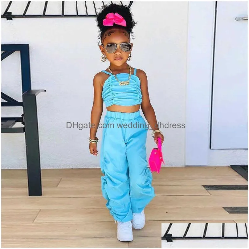 kids clothes baby girls tracksuits summer two piece set pleated solid color halter vest casual loose wide leg trousers 2pcs suit