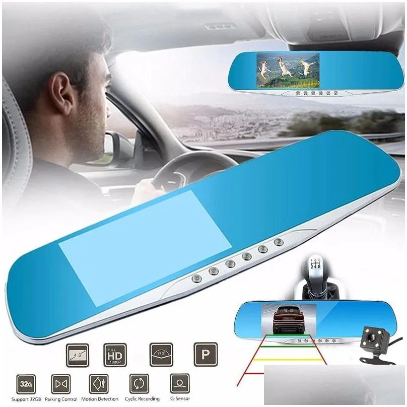 2ch car dvr 1080p video recorder mirror full hd digital dashcam front 170 degrees 43 inches night vision gsensor parking
