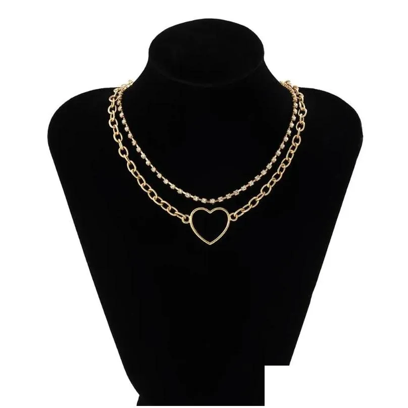 Pendant Necklaces 2023 Fashion Mtilevel Gold Color Crystal Chain Necklace For Women Female Vintage Punk Thick Chains Heart Jewelry Dr Dhuui