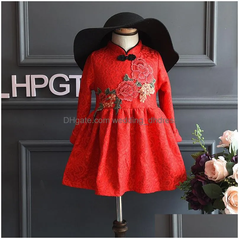 chinese style girl dress year baby girls clothes cute red embroidery dress kids floral princess dress children clothing top