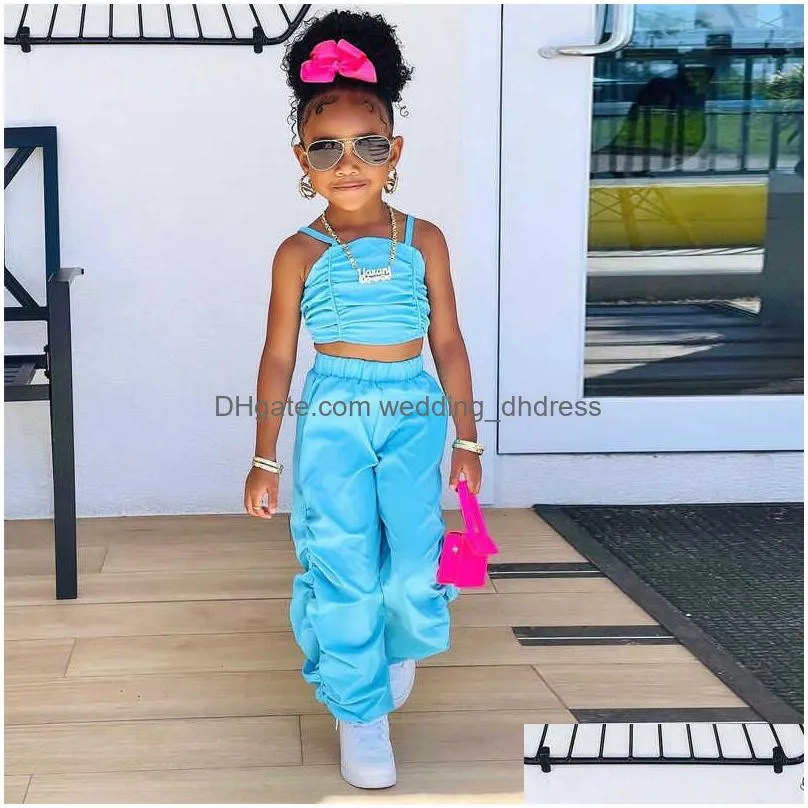 kids clothes baby girls tracksuits summer two piece set pleated solid color halter vest casual loose wide leg trousers 2pcs suit