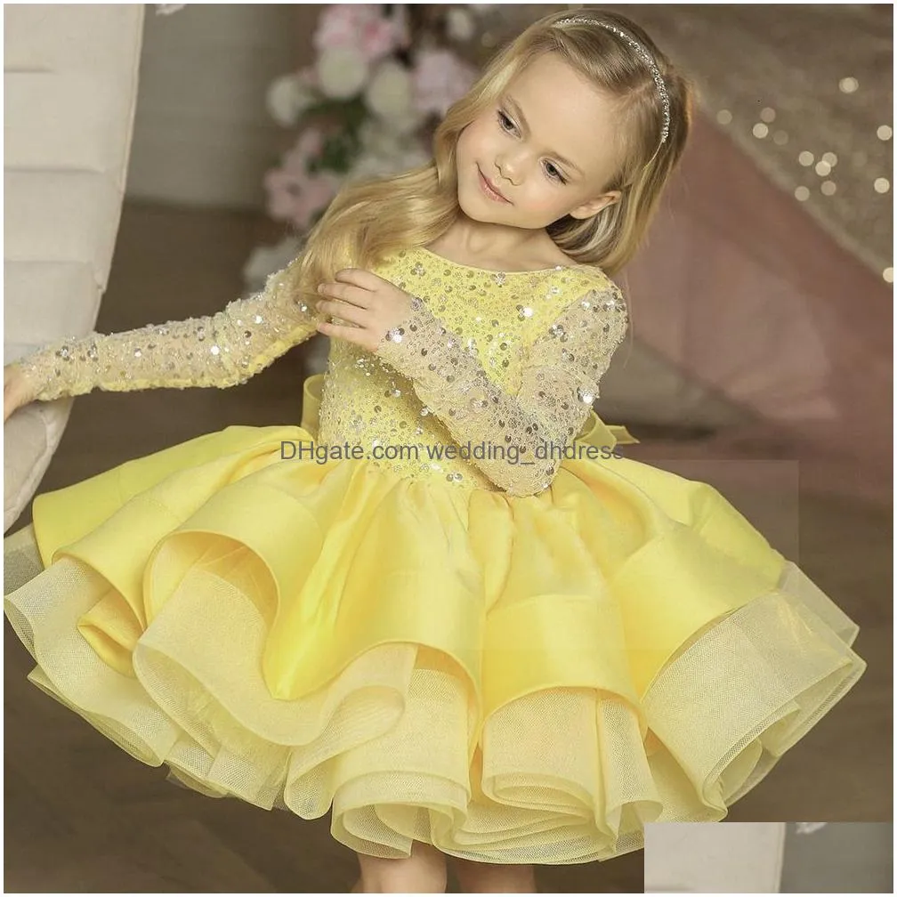 In Stock Flower Girl Dresses Girls Formal Long Sleeve Lace Sequins Wedding Princess Dress Host Birthday Evening Bow Kids For Bridesm Dhtvf