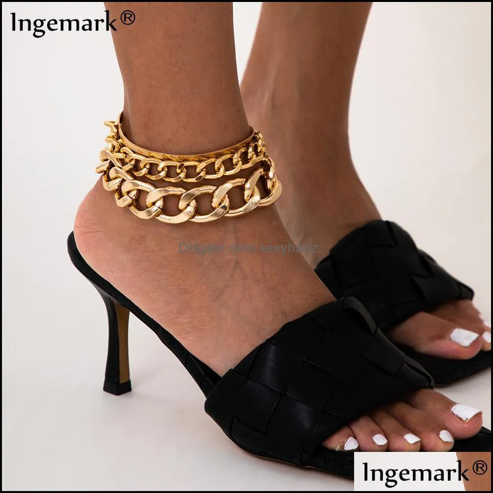 3pcs/set vintage chunky thick chain anklet women fashion gold color lock charm ankle bracelet sandals female unisex foot jewelry