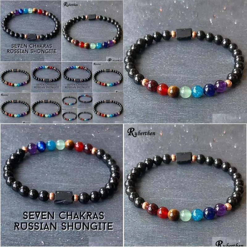 mg1971 6 mm russian shungite 7 chakras untreated copper beads bracelet womens beaded gemstone energy healing crystals jewelry