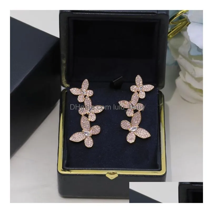 grafe spherical drop earrings designer studs dangle for woman gold plated 18k t0p three butterflies full of diamonds exquisite gift with box