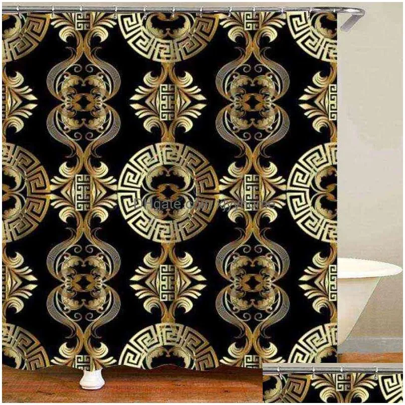 Shower Curtains 3D Luxury Black Gold Greek Key Meander Bathroom Curtains Shower Curtain Set For Modern Geometric Ornate Bath Rug Decor Dhvtl