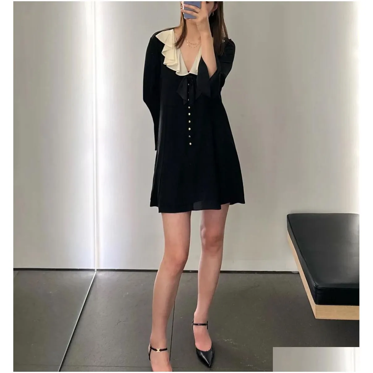 european fashion brand black silk ruffled v-neck long sleeved flared sleeves gathered waist slim fit mini dress