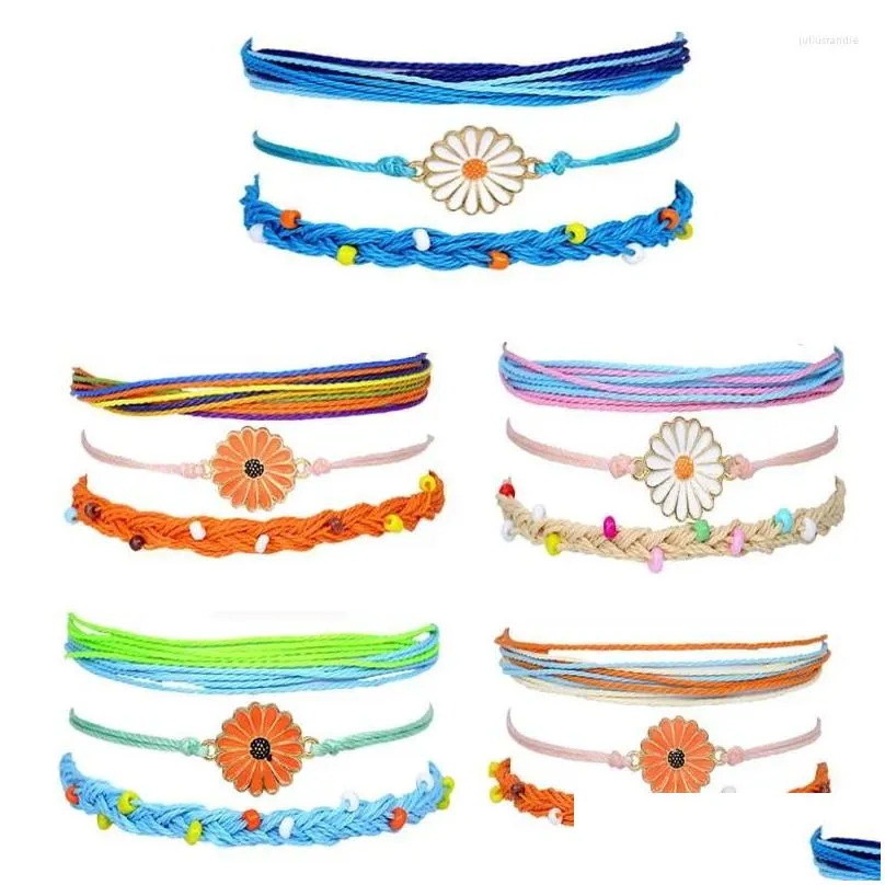 link bracelets colour braided bracelet set charm sunflower wax thread woven women yoga bangles bohemian string wrist jewelry