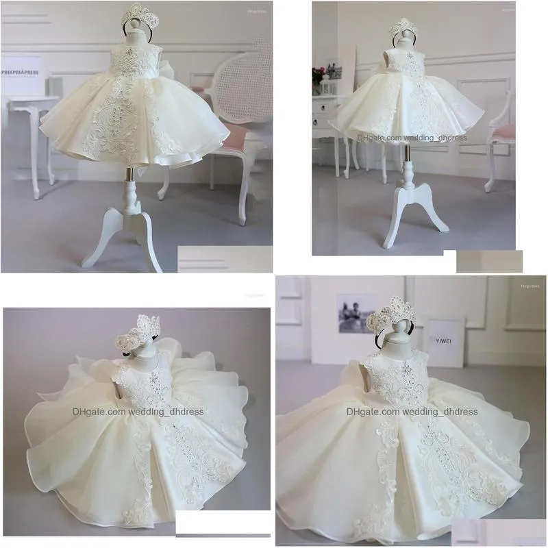 In Stock Flower Girl Dresses White Girls Princess Dress Elegant Wedding Party Tutu Ball Gown Kids Evening Bridesmaid Tle Embroidery Dhdi0
