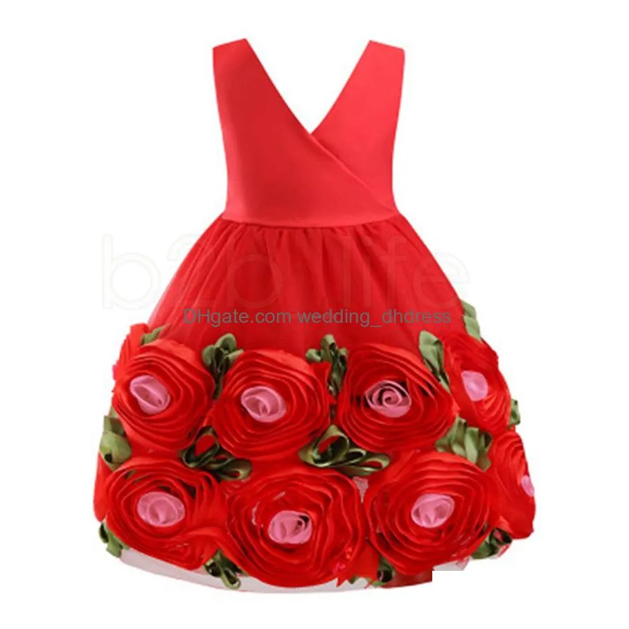 In Stock Flower Girl Dresses Baby Girls Floral Princess Dress Kids Sleeveless Rose Wedding Party Prom Children Fashion Bow Pleated D Dhzfn