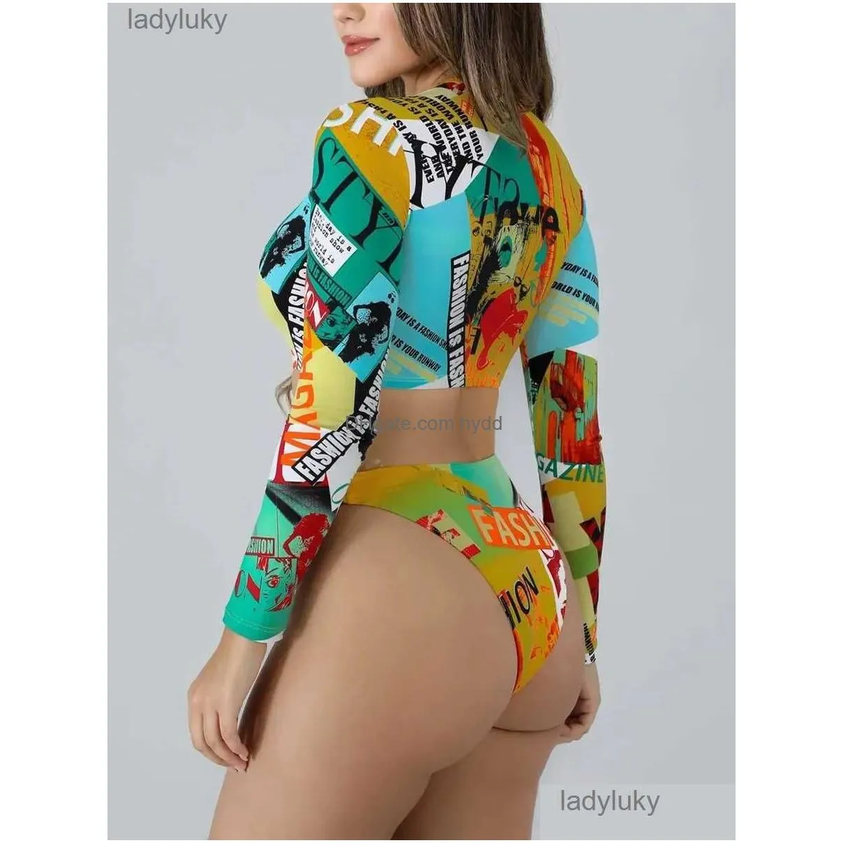 swim wear 2024 surf swimsuit long sleeve printed swimwear women zipper two piece rashguard diving clothes bathing swimming suitl240114