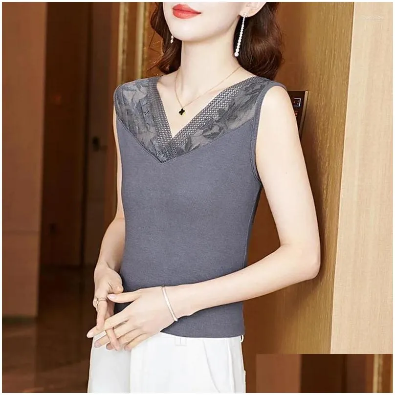 women`s tanks #1286 model tank top women lace v-neck tight female sleeveless office t-shirt solid color elastic tops thin summer 2024