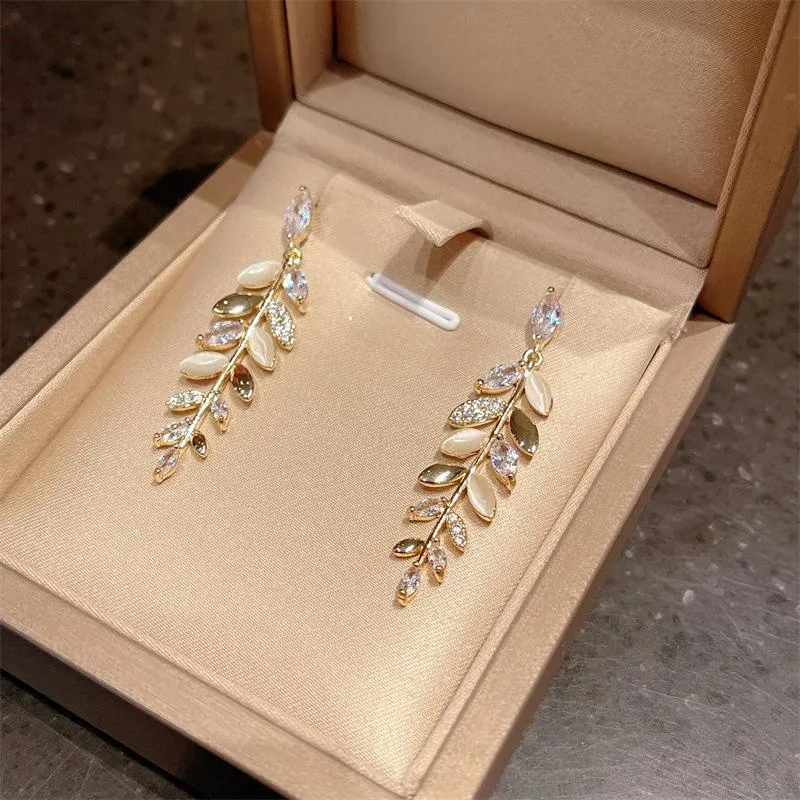 925 earrings super delicate high-grade sense cat-eye earrings micro-inlaid leaf earrings temperament wheat ear earrings